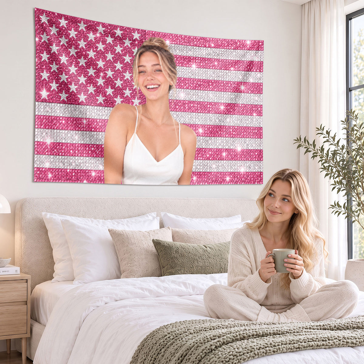 Custom Photo Patriotic American Flag Tapestry Sparkle Stars Stripes Wall Hanging Sheet