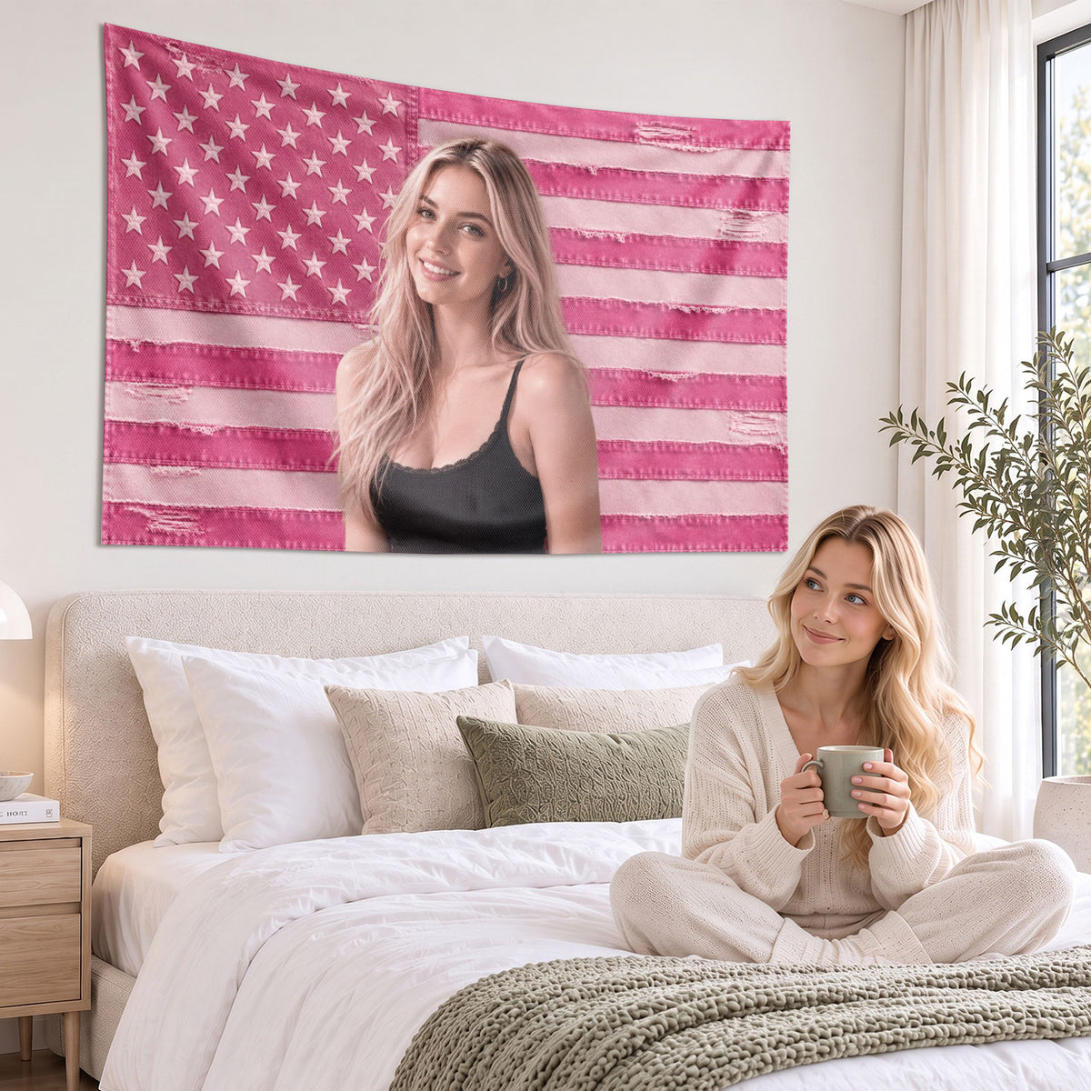 Custom Photo Patriotic American Flag Tapestry Distressed Denim Stars Wall Hanging Sheet