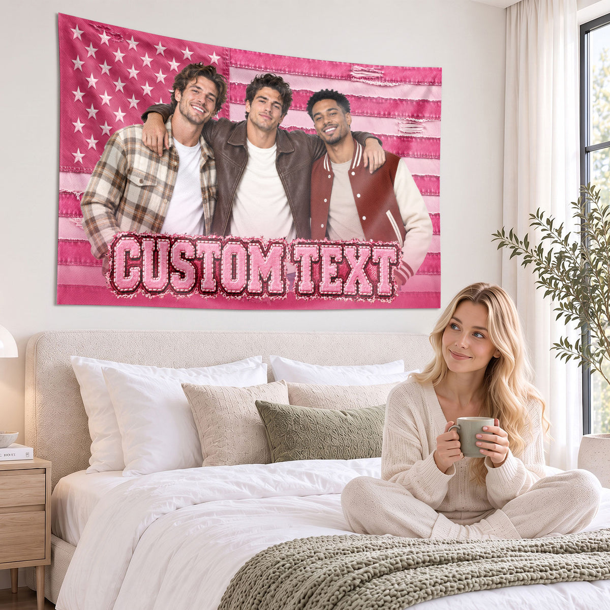 Custom Photo Text American Flag Tapestry Distressed Denim Stars Wall Hanging Backdrop