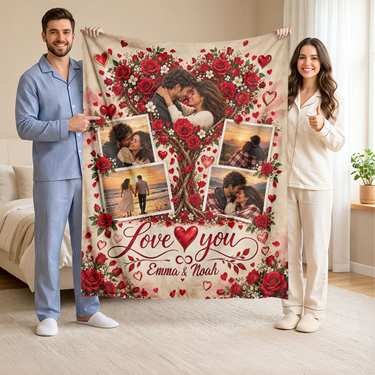 Custom Photo Collage Blanket Love Heart Tree Roses Soft Fleece Throw Bedding Sheet Mat