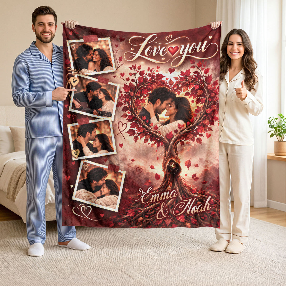 Custom Photo Collage Blanket Heart Maple Tree Autumn Leaves Soft Fleece Throw Cover Mat