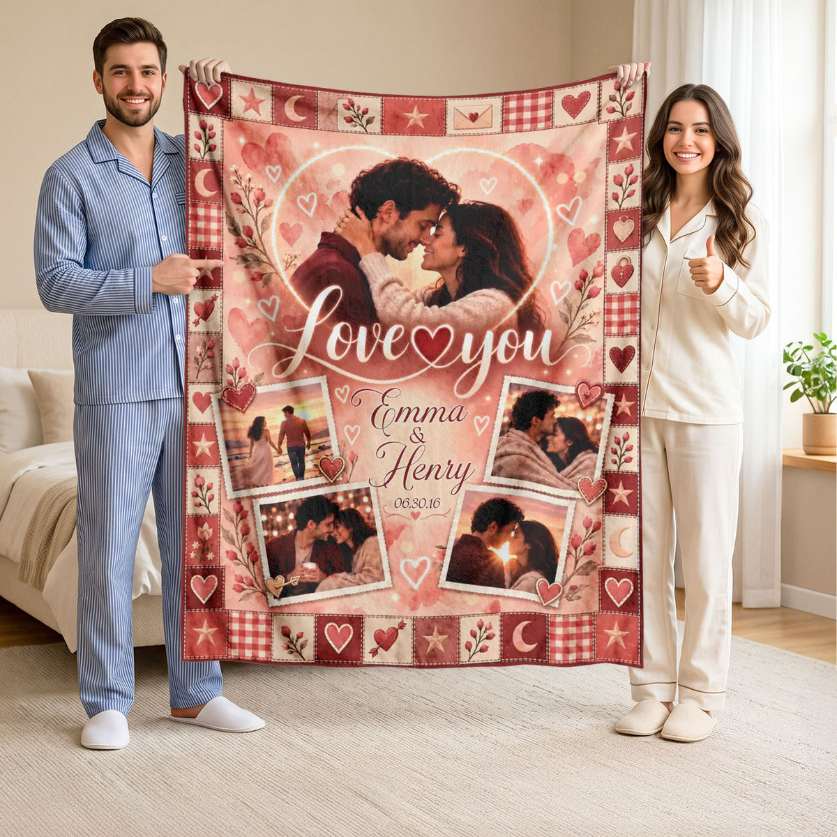 Custom Photo Collage Blanket Heart Patchwork Border Fleece Throw Bedding Sheet Mat