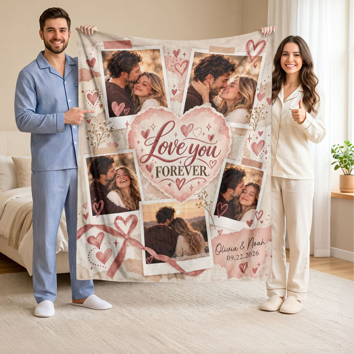 Custom Photo Collage Blanket Love Heart Ribbon Bow Polaroid Soft Fleece Throw Cover