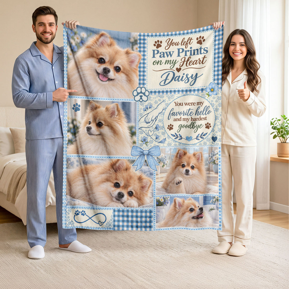 Custom Dog Memorial Photo Collage Gingham Ribbon Bow Paw Print Fleece Throw Blanket