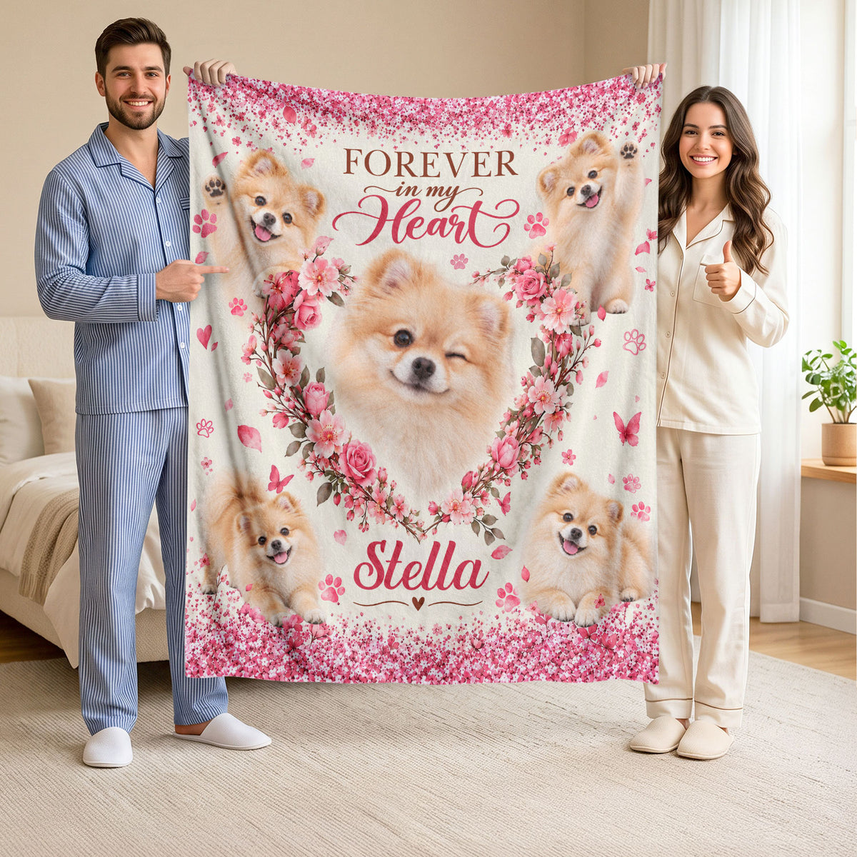 Custom Dog Memorial Photo Collage Rose Floral Heart Paw Print Fleece Throw Blanket