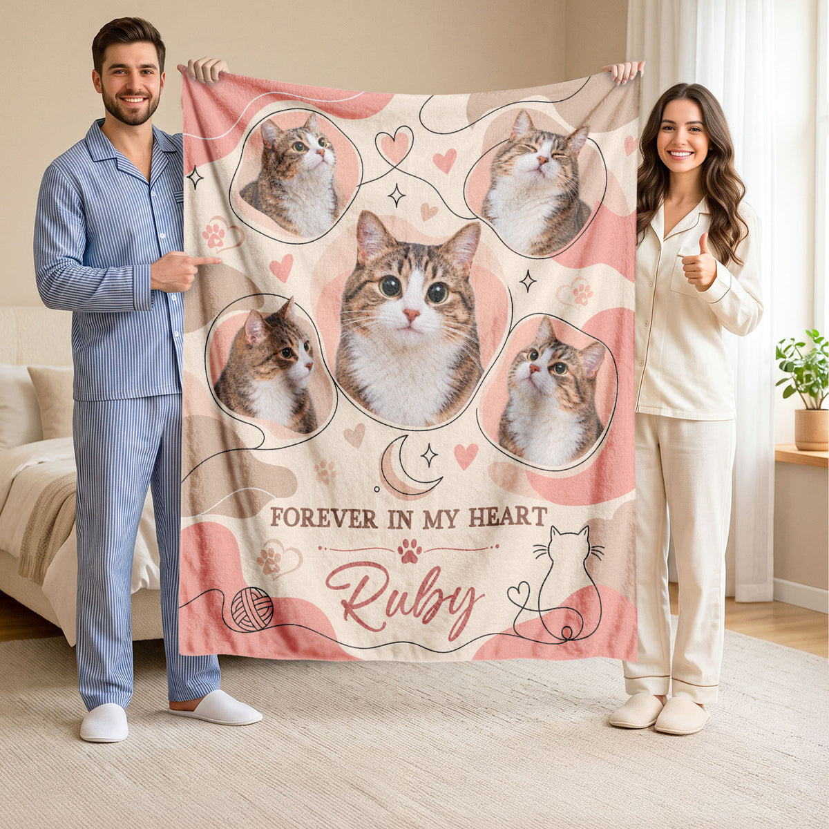 Custom Pet Memorial Blanket Photo Name Cat Loss Forever In My Heart Fleece Throw