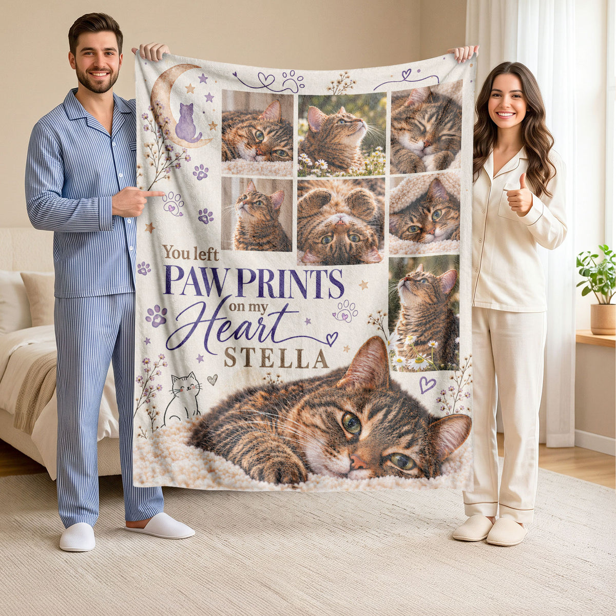 Custom Pet Memorial Blanket Photo Collage Cat Paw Prints On My Heart Soft Fleece