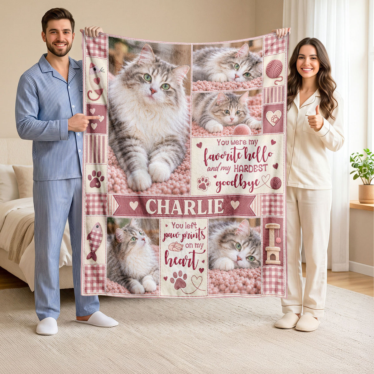 Custom Pet Memorial Blanket Photo Cat Favorite Hello Hardest Goodbye Fleece Throw