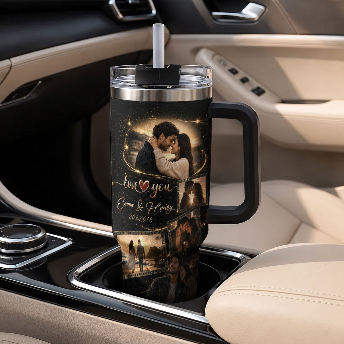 Custom Couple Photo Collage Tumbler Names Date Insulated Thermal Mug Cup Lid Top