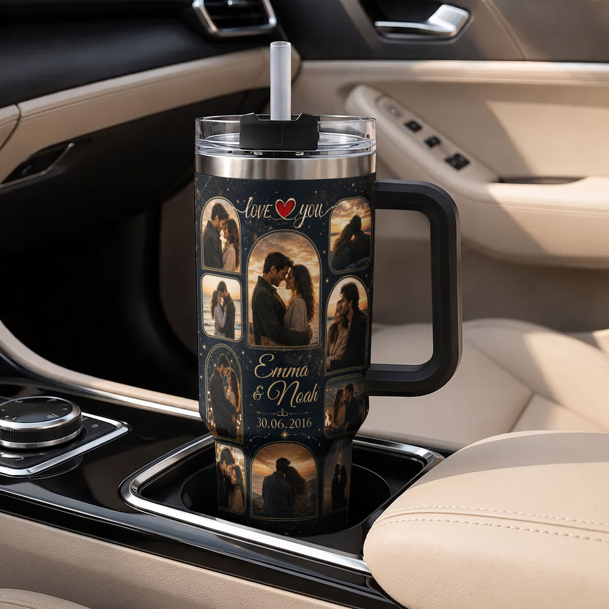 Custom Romantic Photo Collage Tumbler Names Date Thermal Drinkware Cup Lid Piece