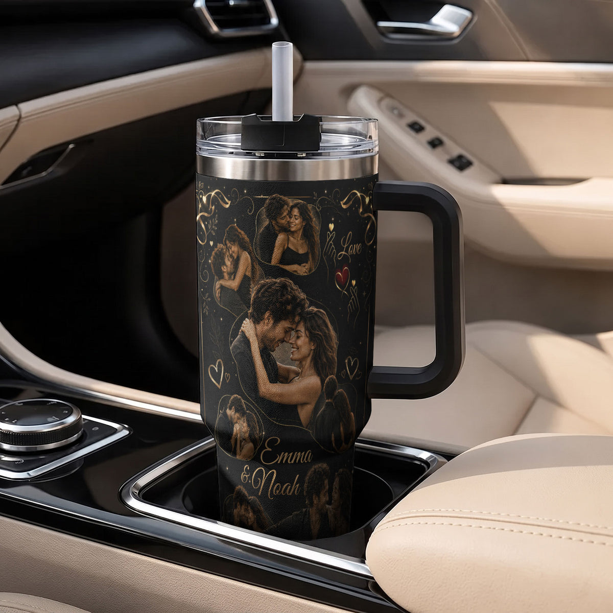 Custom Couple Love Photo Collage Tumbler Names Thermal Drinkware Cup Lid Piece Item