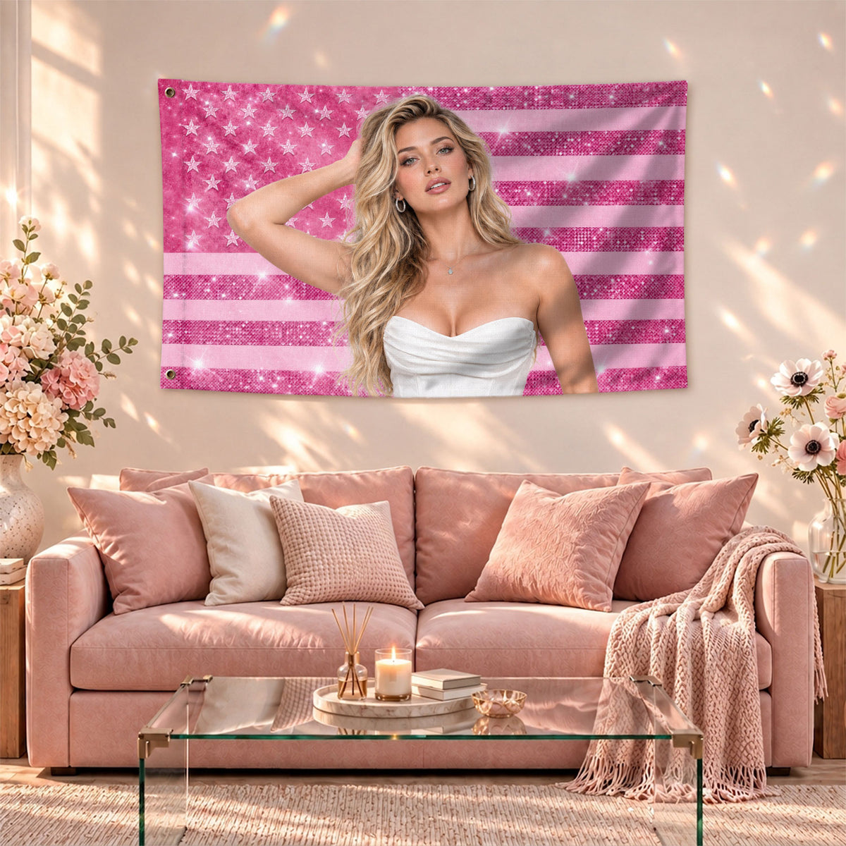 Custom American Photo Flag Pink Glitter American Flag Personalised Butterfly USA Banner
