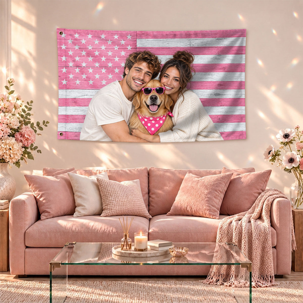 Custom American Flag with Photo Personalized Pink Wood Texture Picture Flag USA Decor