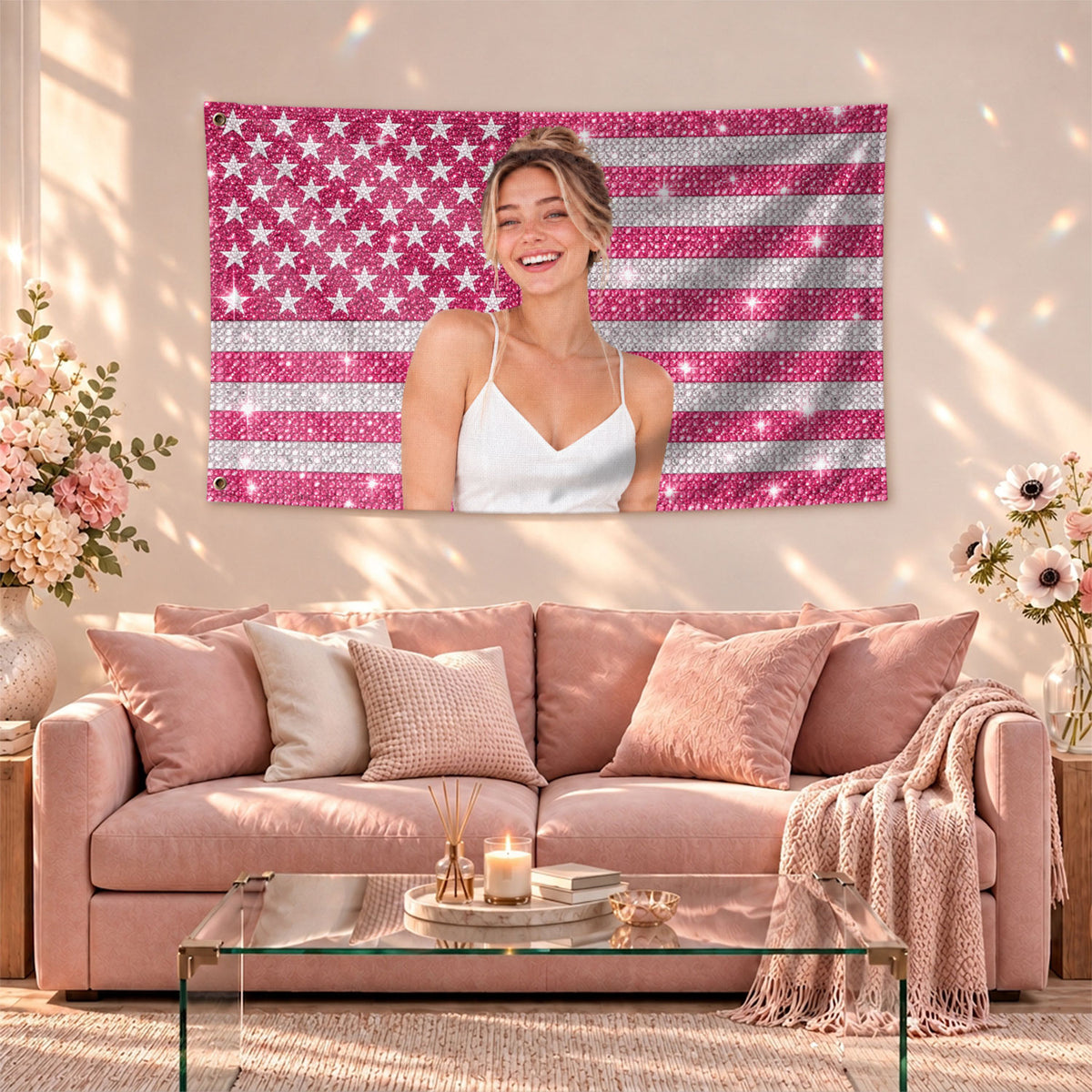Custom Pink Rhinestone USA Flag Woman Dog Couple Friends Photo Banner Display Piece