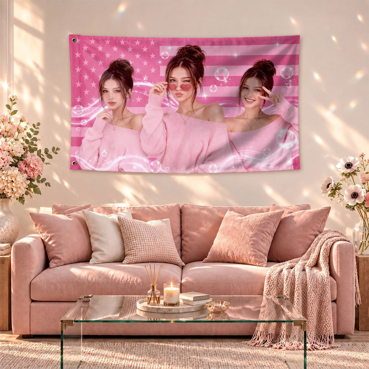 Custom Pink USA Flag Butterfly Photo Collage Banner Wall Art Hanging Tapestry Piece