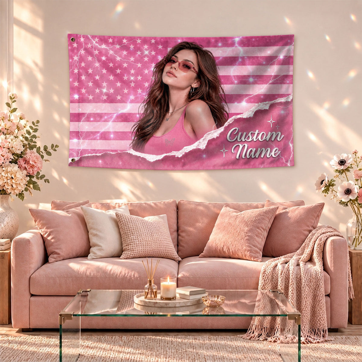 Custom Pink USA Flag Name Portrait Photo Collage Banner Wall Art Hanging Tapestry Piece