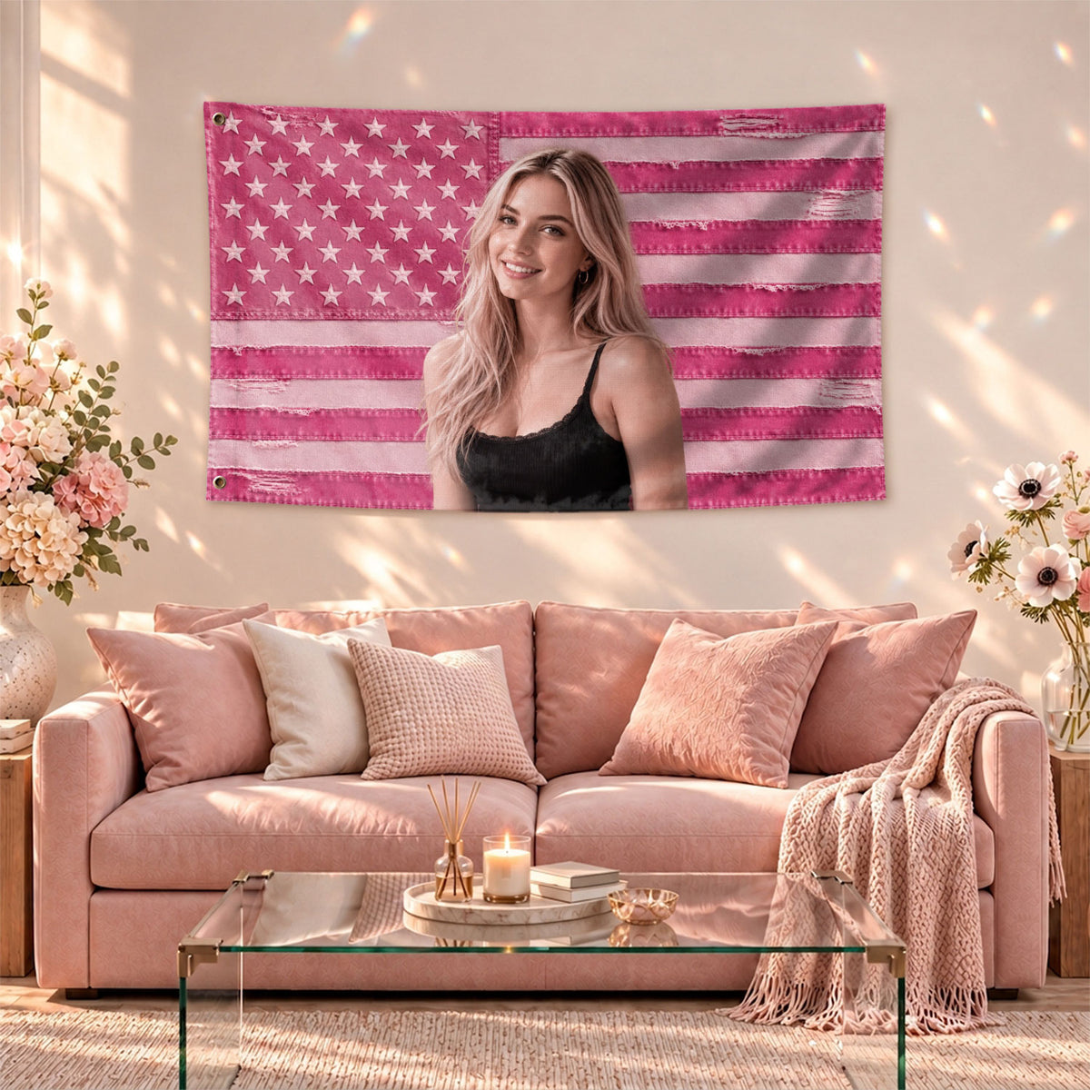Custom Pink Distressed USA Flag Portrait Photo Collage Banner Wall Art Tapestry Piece