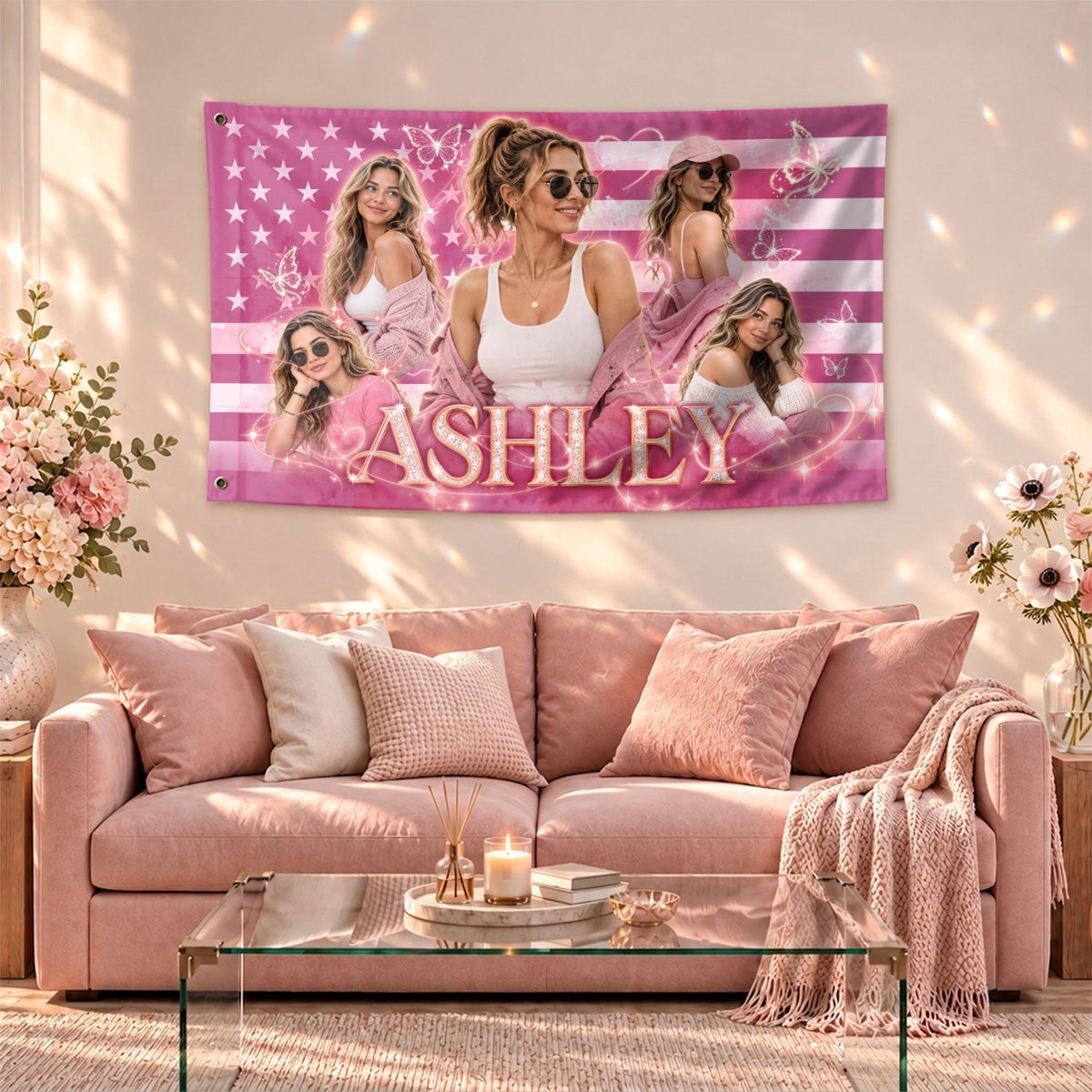 Custom Photo American Flag Pink Glitter Butterfly Personalised Name Picture USA Flag