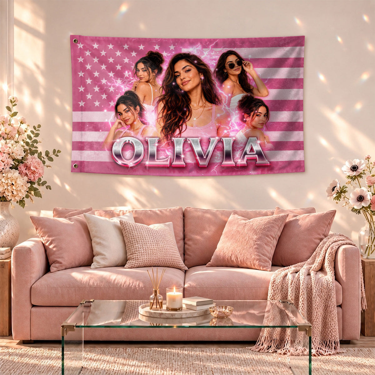Custom Photo American Flag Personalized Pink Lightning Name USA Picture Flag Gift