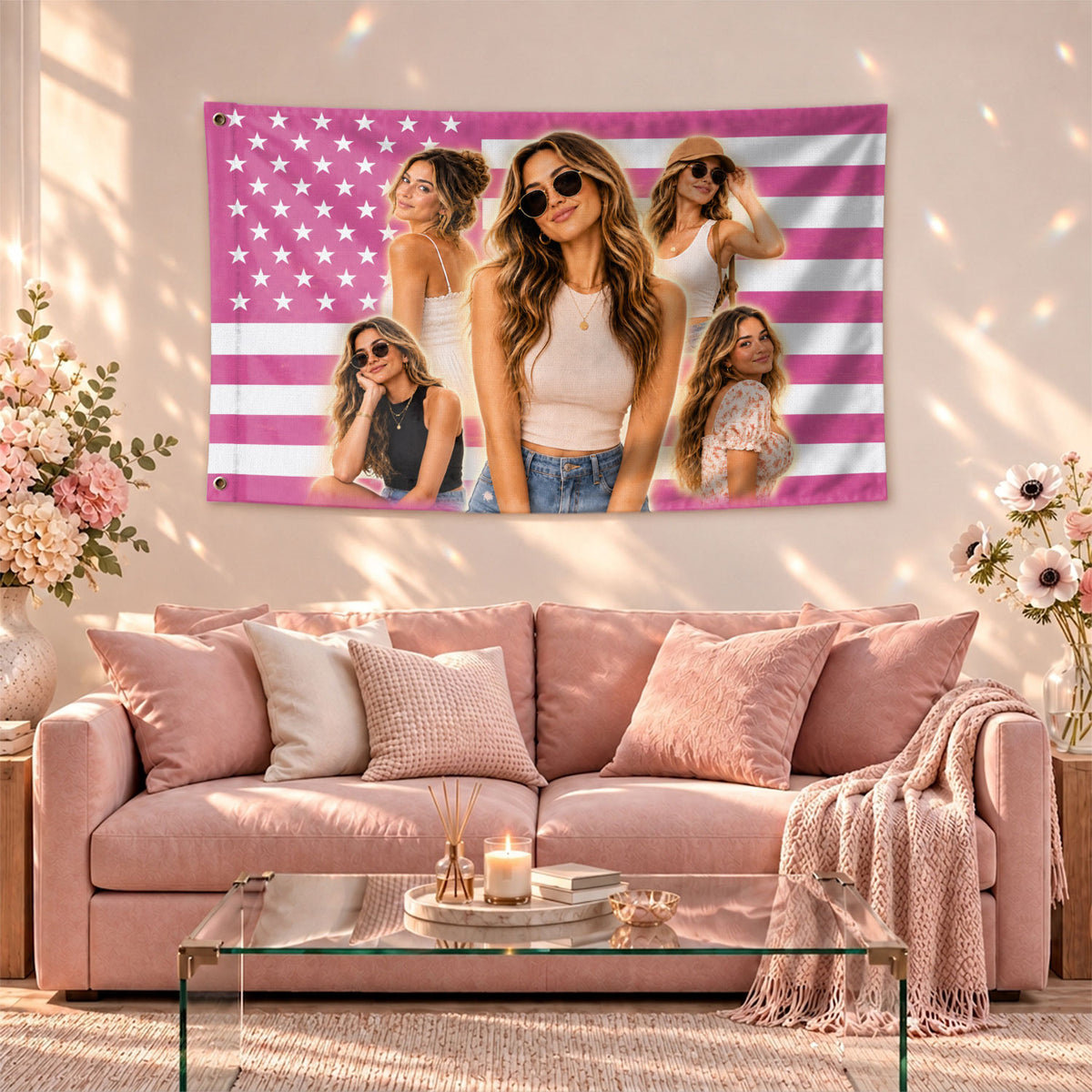 Custom Photo American Flag Pink Sparkle Personalized Picture USA Flag Banner Gift