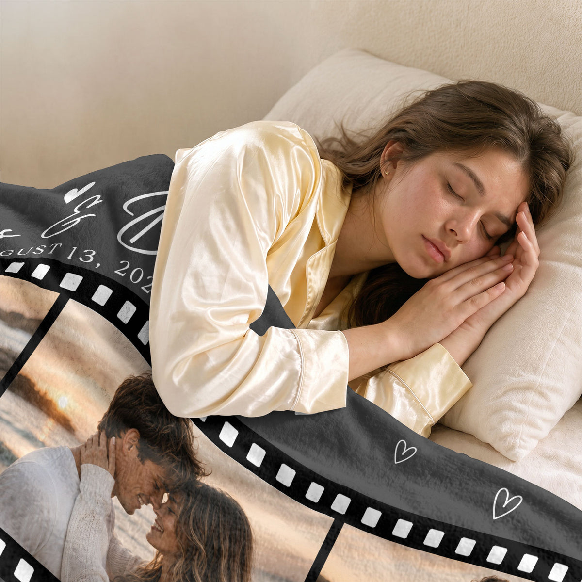Custom Couple Film Strip Photo Collage Fleece Blanket Names Date Soft Warm Throw Piece