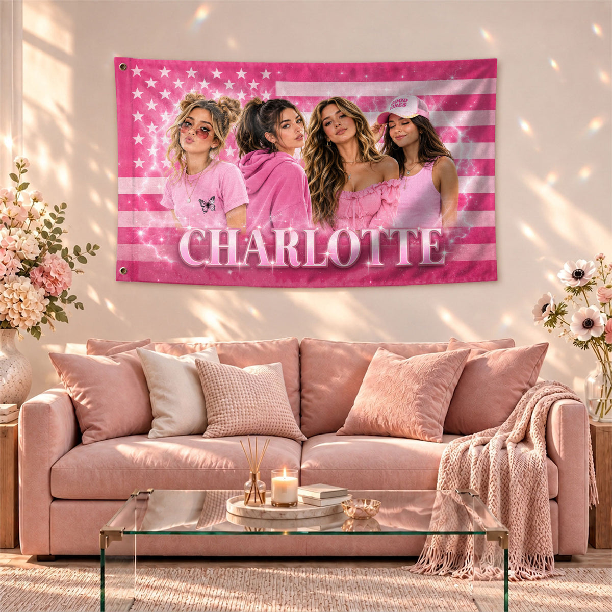 Custom Name Photo Collage Flag American Stars Stripes Wall Hanging Display Banner