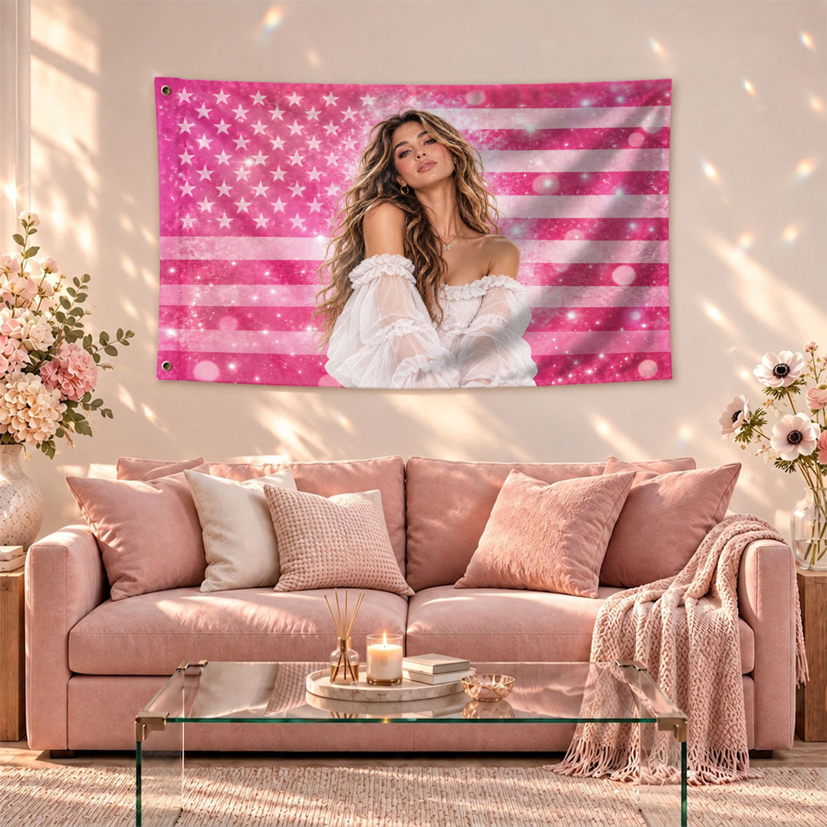 Custom Photo Flag American Stars Stripes Bokeh Sparkle Wall Hanging Display Banner