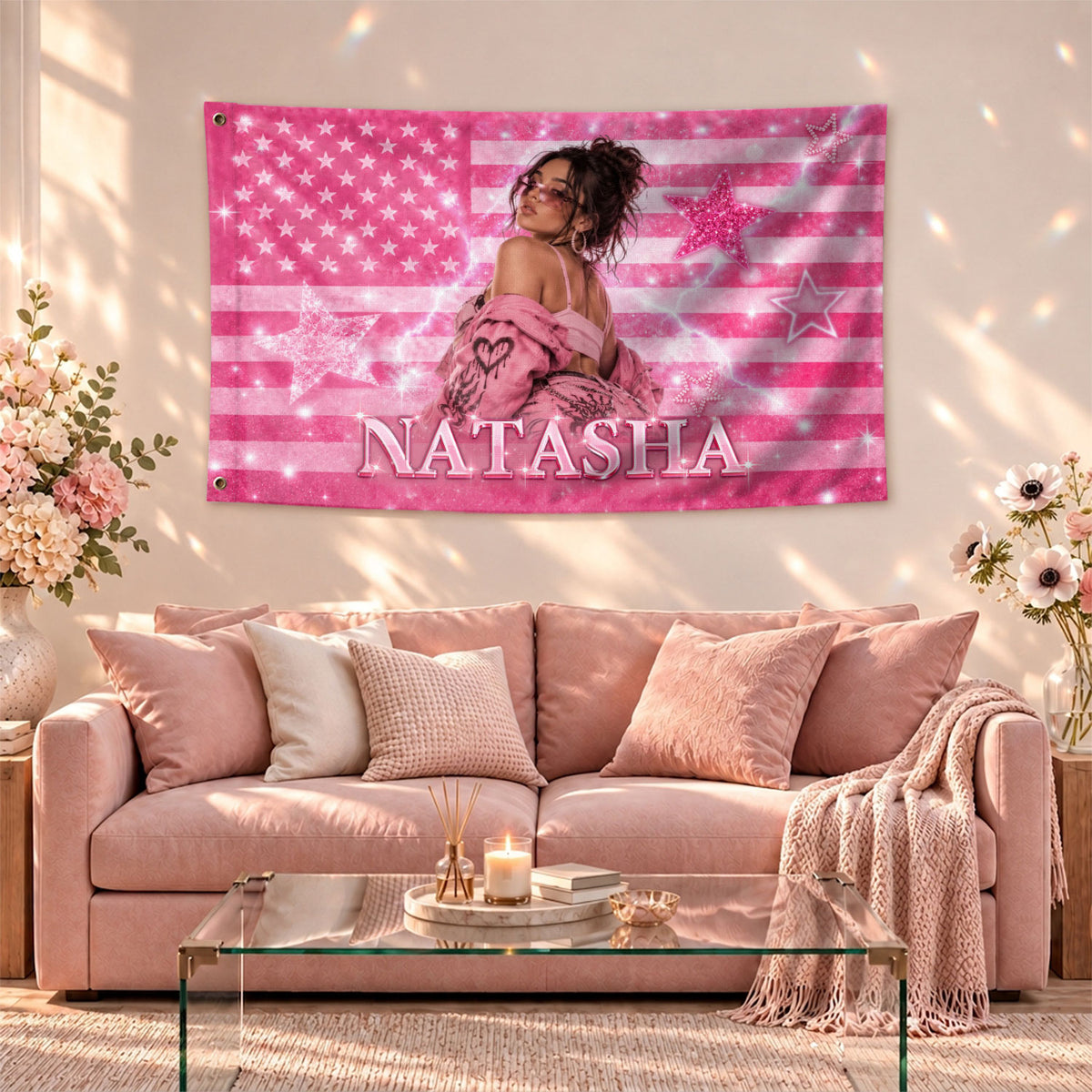 Custom Name Photo Flag American Stars Sparkle Glitter Wall Hanging Display Banner