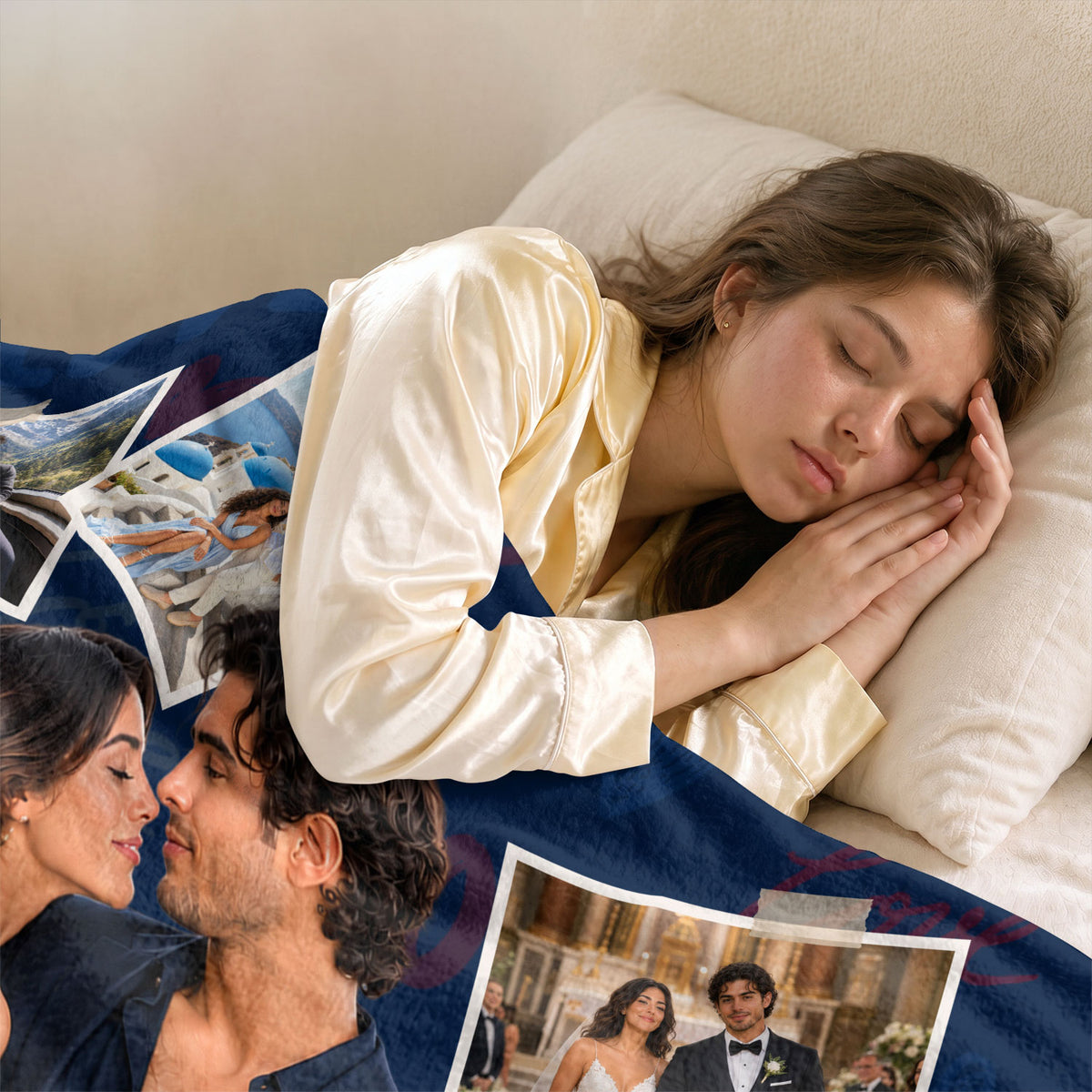 Custom Romantic Photo Collage Couple Fleece Blanket Names Text Throw Tapestry Item