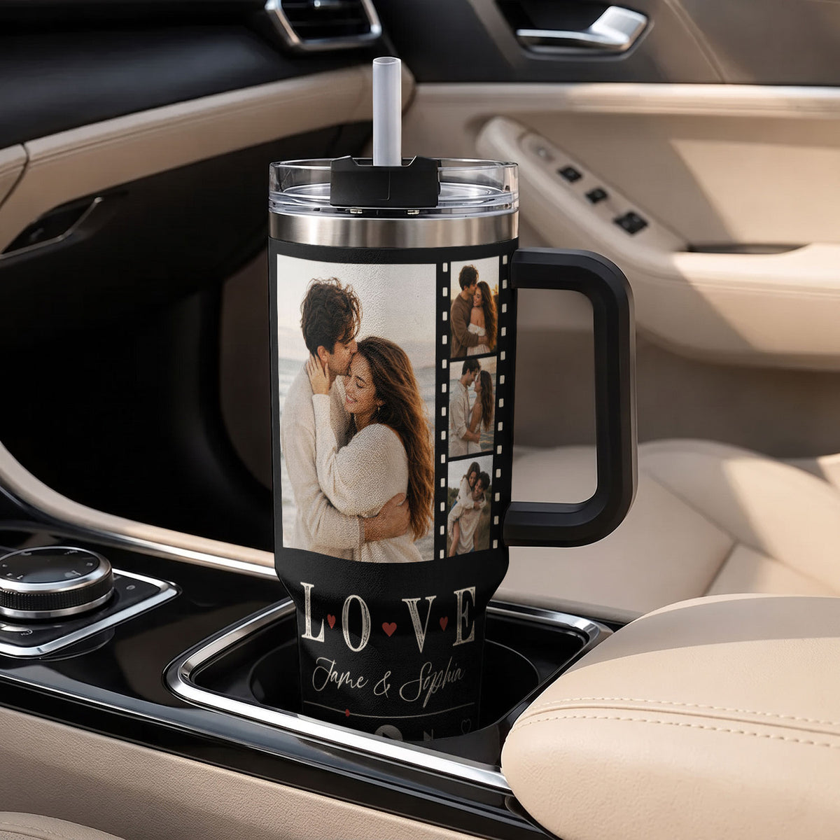 Custom Couple Photo Collage Tumbler Names Text Insulated Travel Mug Handle Cup Item