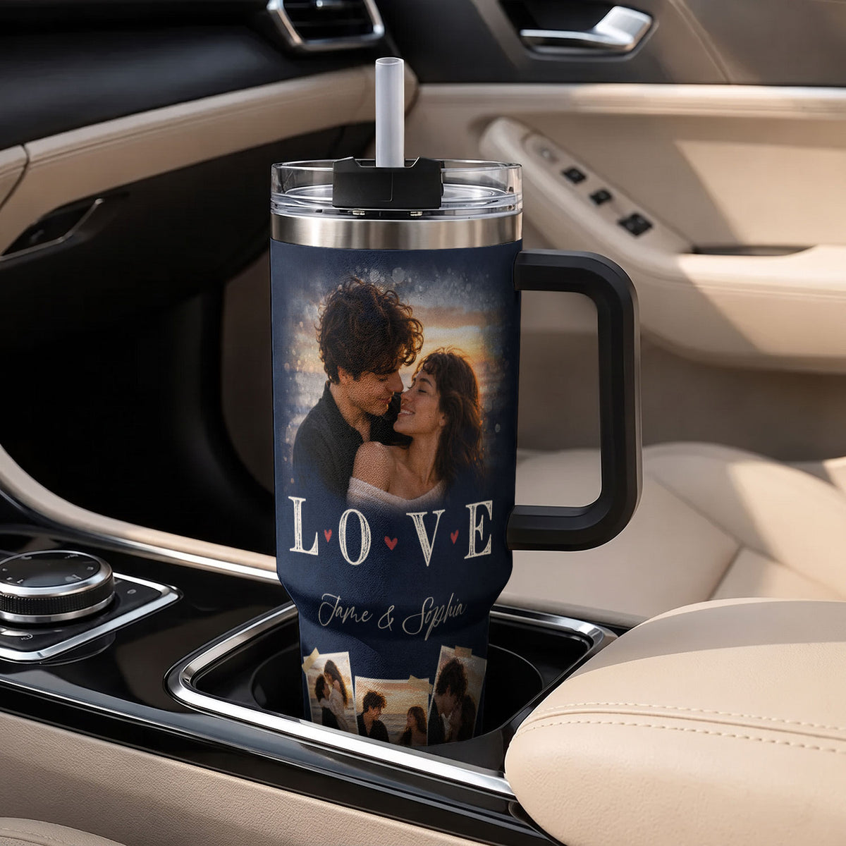 Custom Couple Photo Collage Tumbler Names Text Insulated Beverage Mug Handle Cup Piece