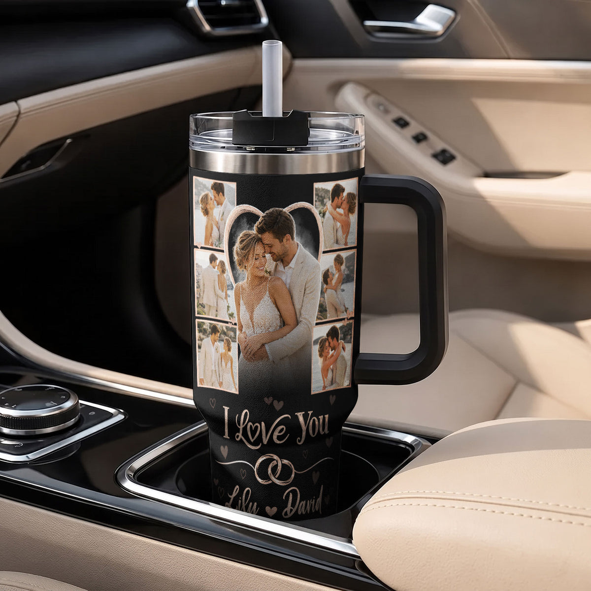 Custom Romantic Photo Collage Couple Tumbler Names Text Insulated Beverage Mug Handle