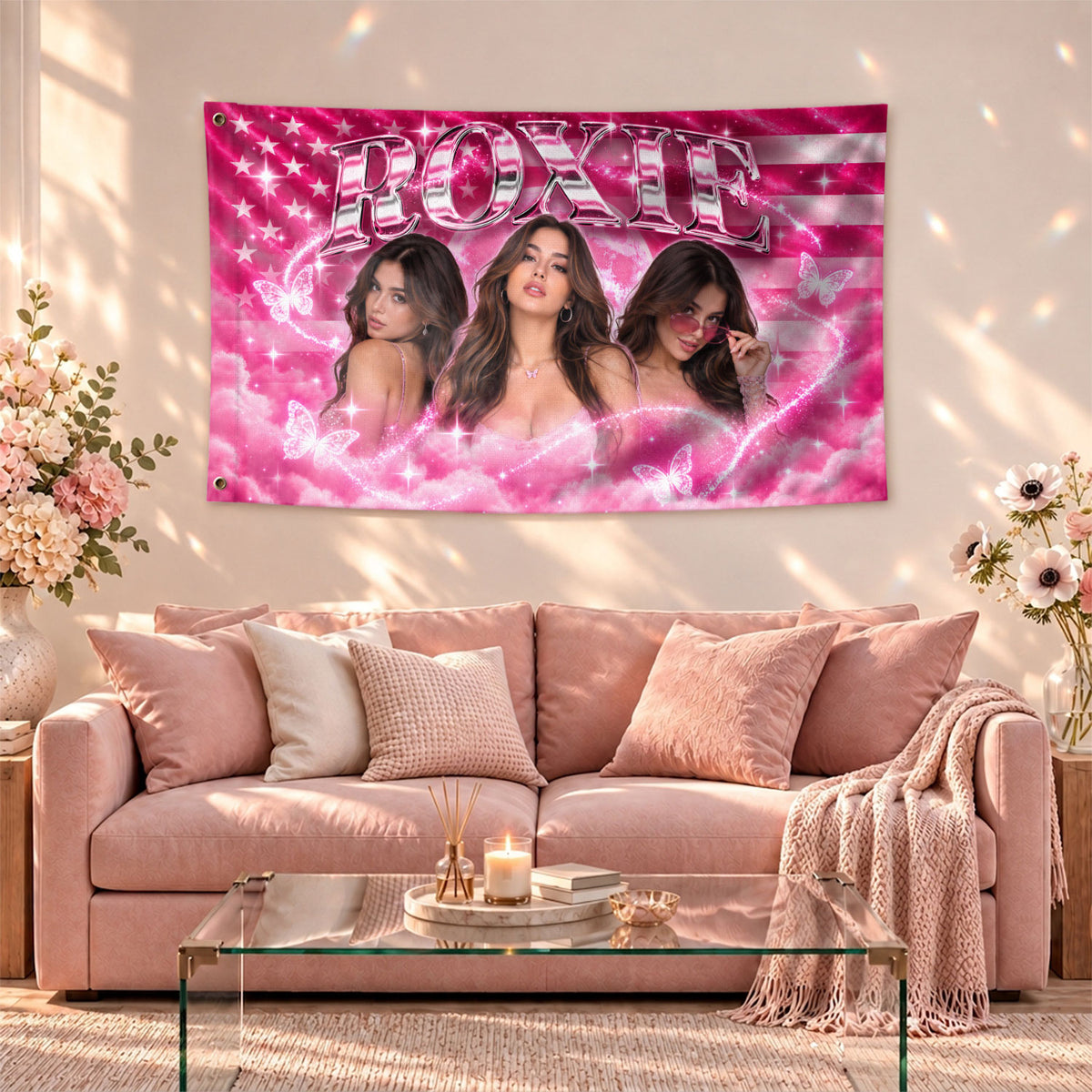 Personalized Vintage Pink Flag Custom Photo Graphic Banner Retro Wall Hanging Display