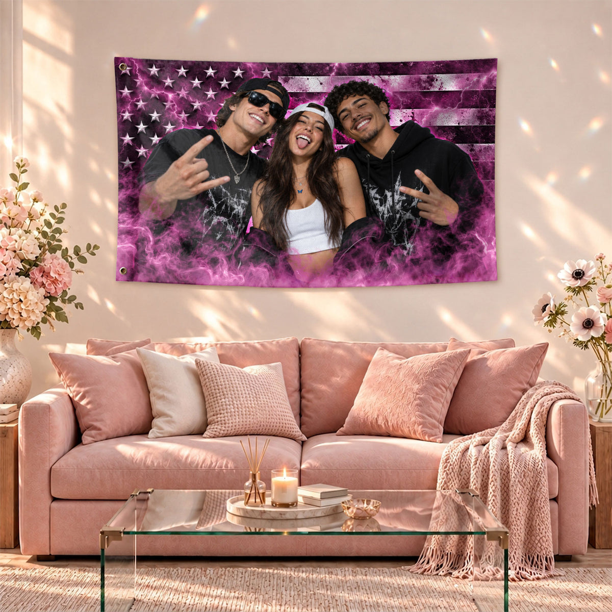 Nostalgic Pink American Flag Custom Photo Graphic Banner Retro Wall Hanging Display
