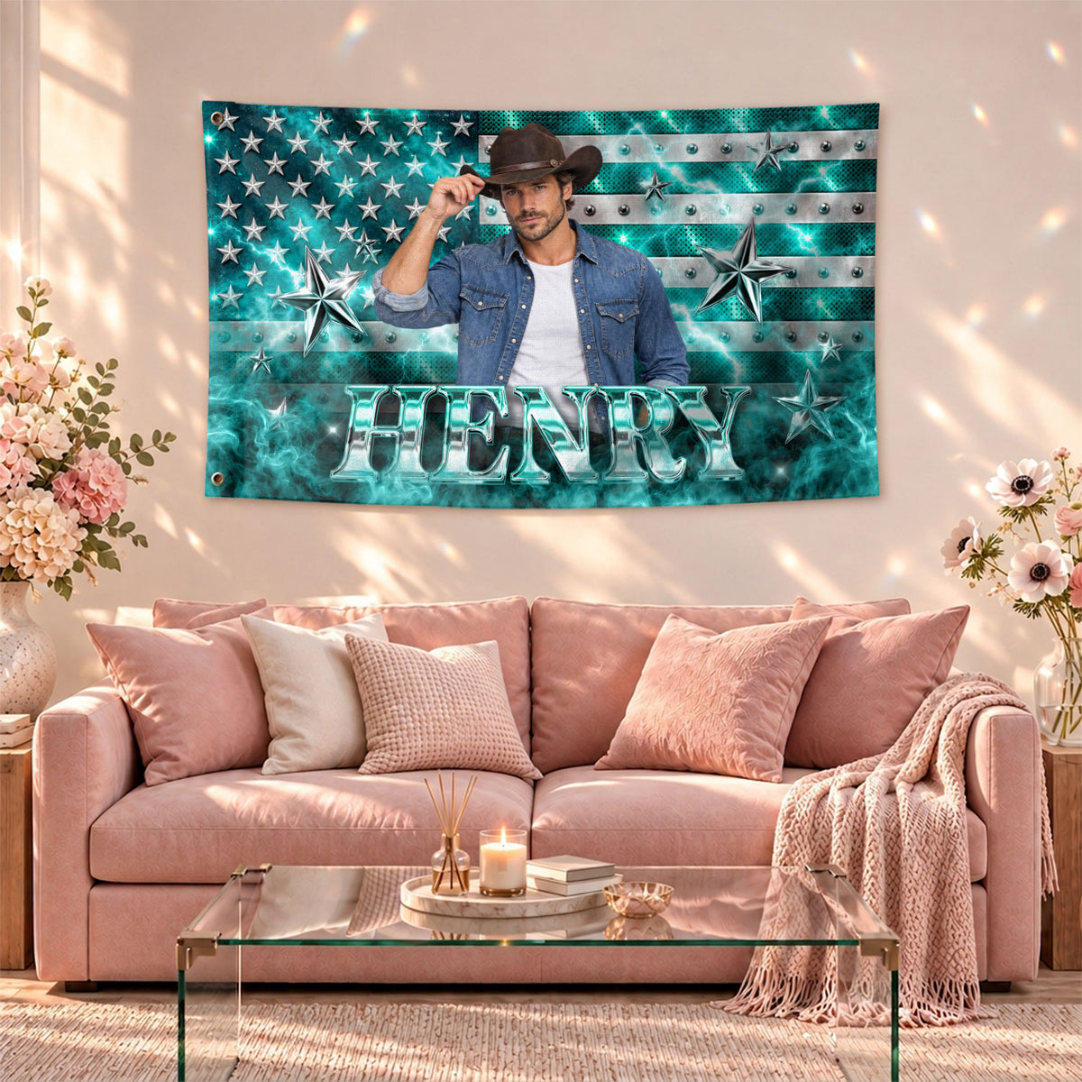 Aesthetic Teal American Flag Custom Photo Graphic Banner Retro Wall Hanging Display