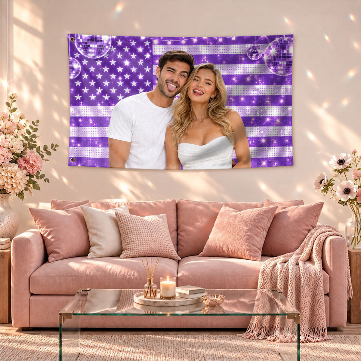 Vibrant Purple American Flag Custom Photo Graphic Banner Retro Wall Hanging Display
