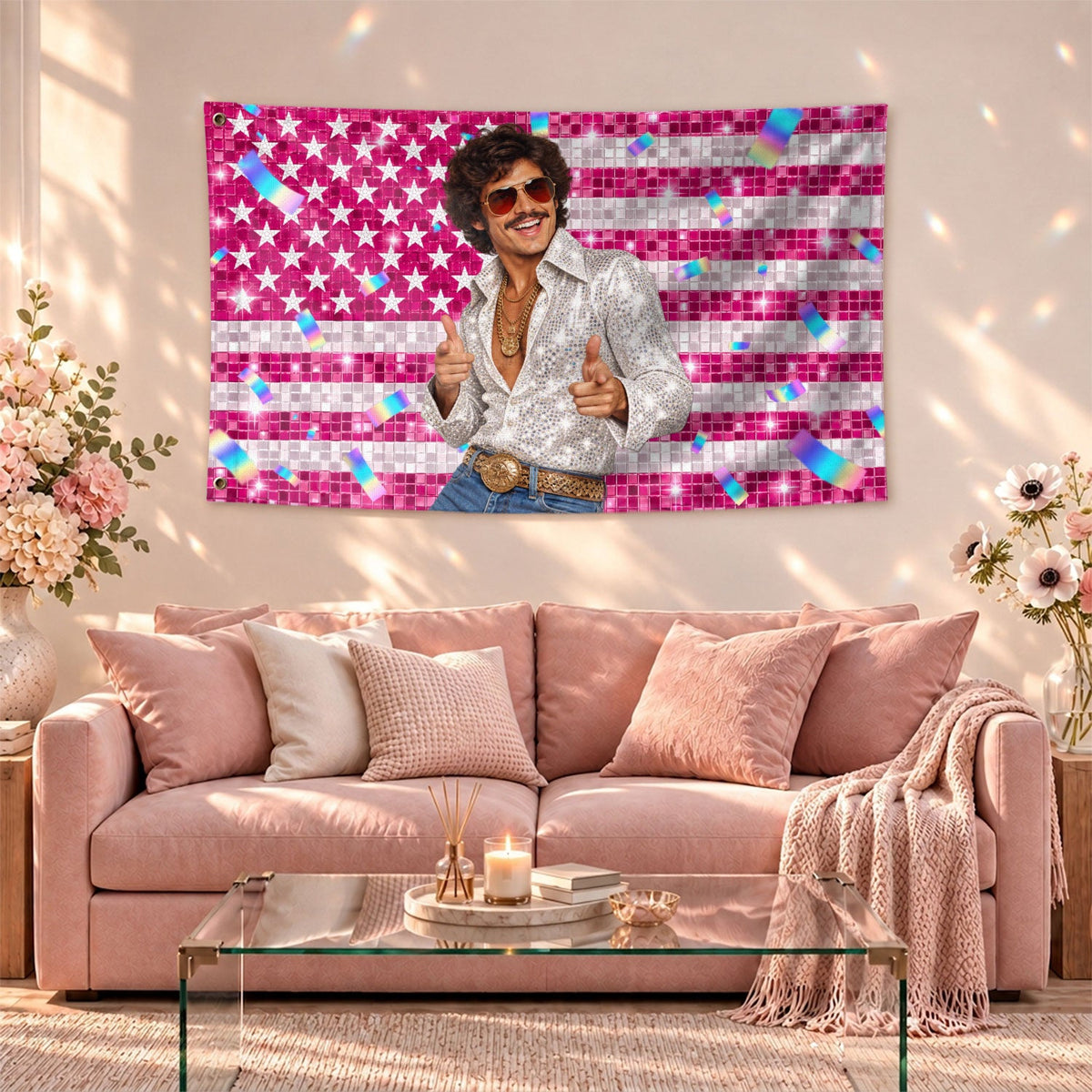 Pink Glitter Party Flag Pink American Flag Custom featuring a Custom Flag with Picture, Pink Flag Custom-Made Occasion Gift, Pallyprints Co.