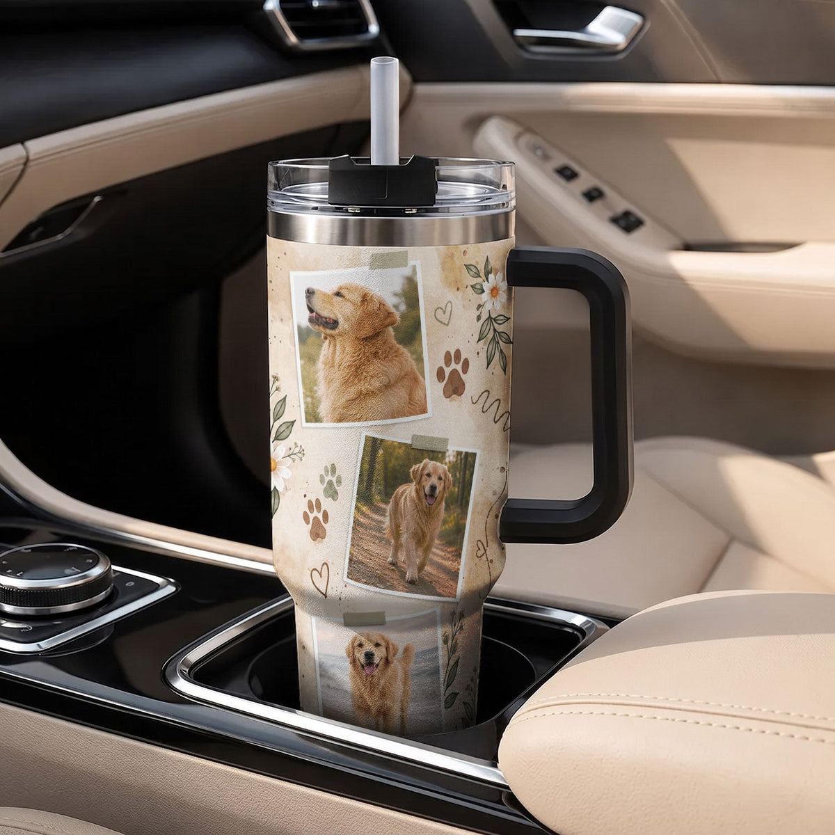 Custom Pet Photo Tumbler with Handle Personalised Dog Portrait Gifts for Dog Lover