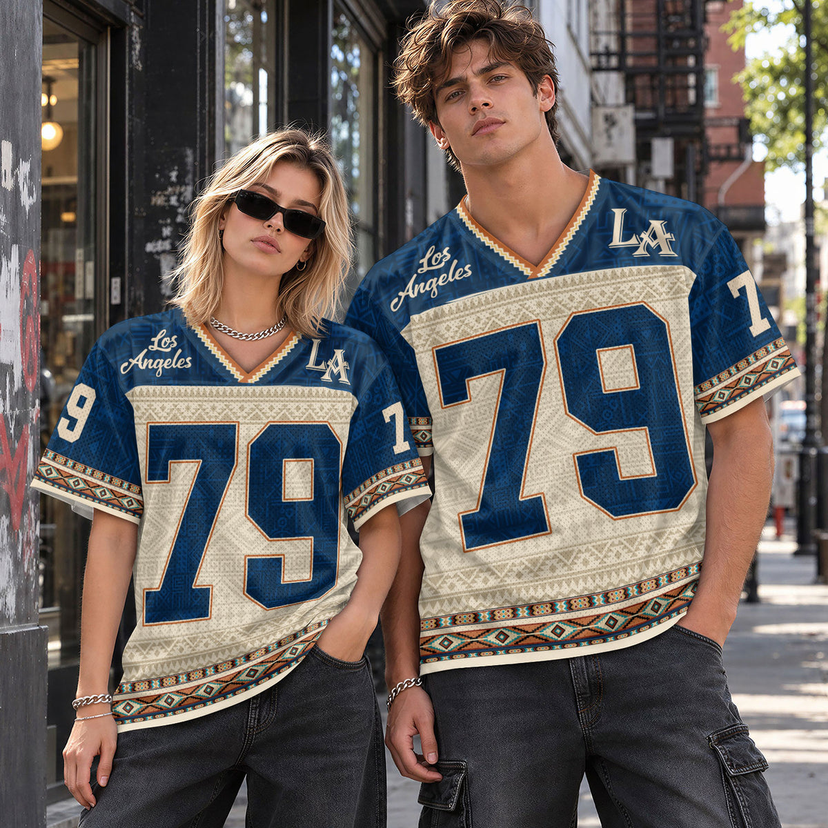 Custom Navy Los Angeles Football Jersey Unisex Aztec Print Y2K Outfits Shirt Top