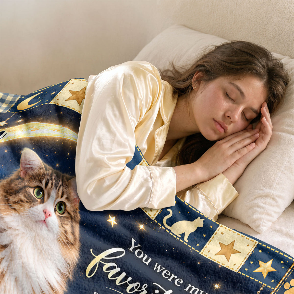 Custom Name Cat Memorial Photo Blanket Crescent Moon Celestial Wall Hanging Banner