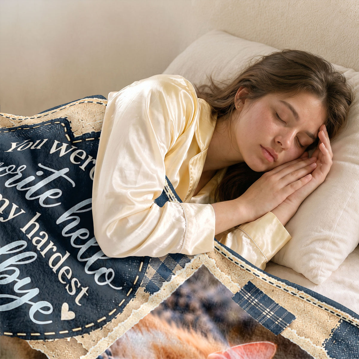 Custom Name Cat Memorial Photo Blanket Denim Patchwork Heart Wall Hanging Banner