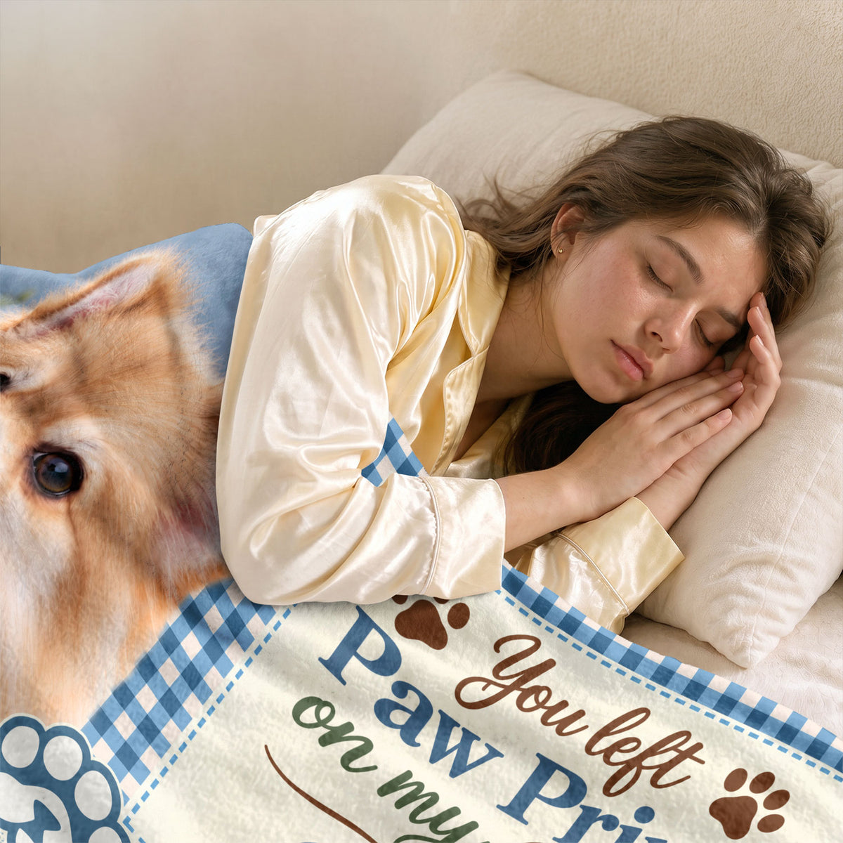 Custom Dog Memorial Photo Collage Gingham Ribbon Bow Paw Print Fleece Throw Blanket