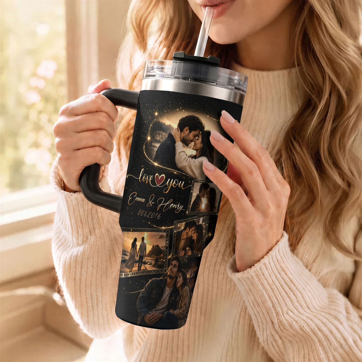 Custom Couple Photo Collage Tumbler Names Date Insulated Thermal Mug Cup Lid Top