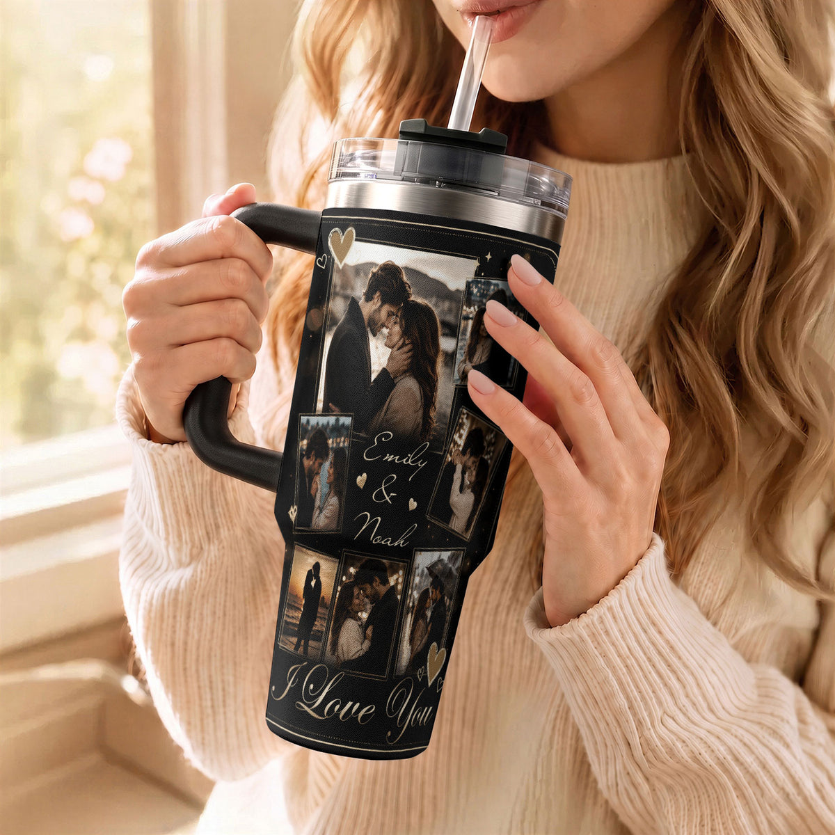 Custom Couple Memory Collage Tumbler Names Date Insulated Drinkware Cup Lid Piece