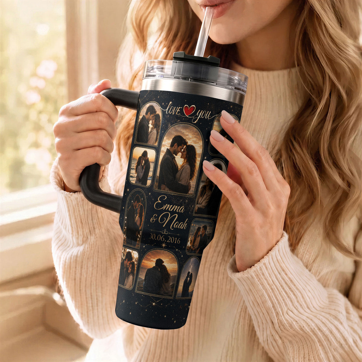 Custom Romantic Photo Collage Tumbler Names Date Thermal Drinkware Cup Lid Piece