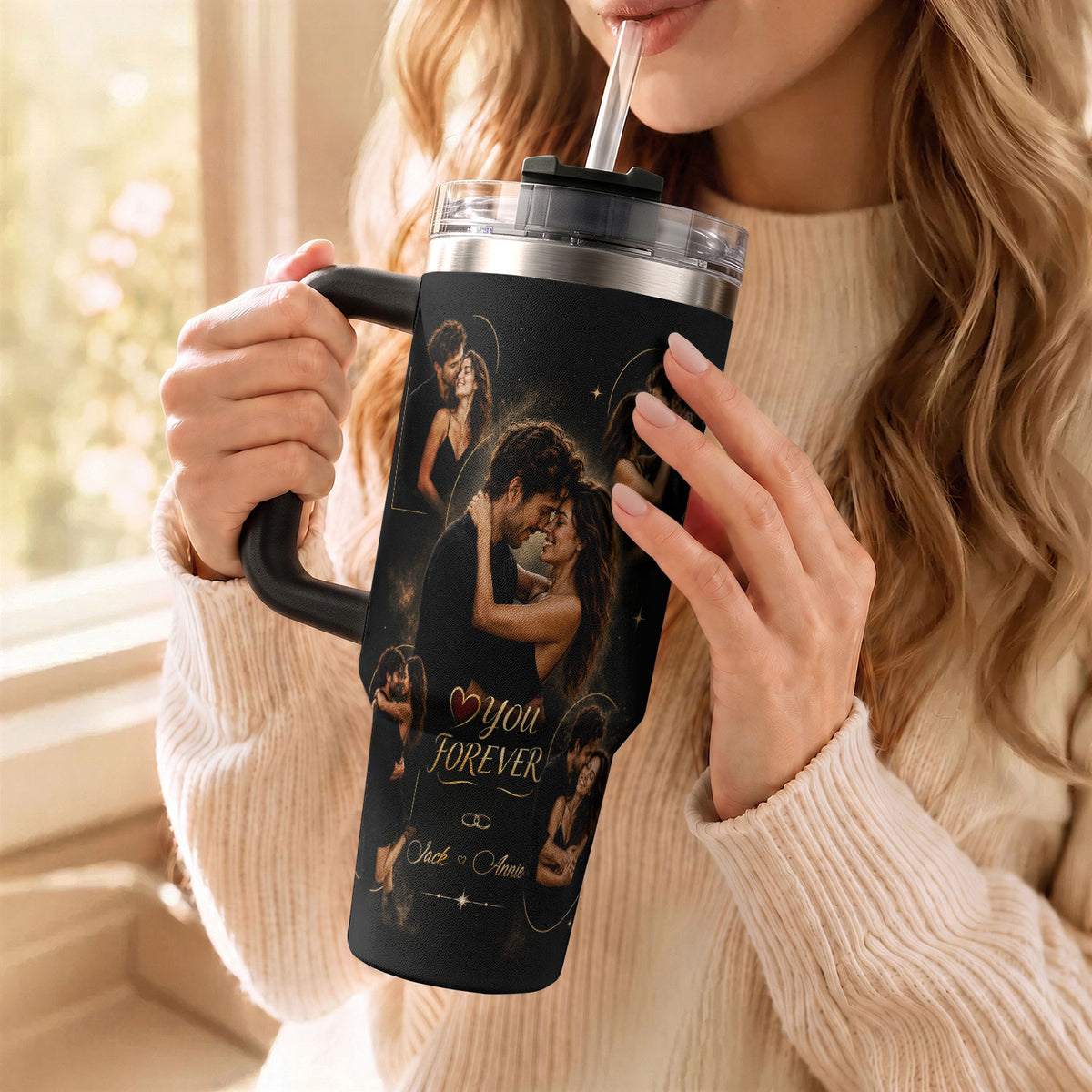 Custom Couple Forever Photo Collage Tumbler Names Date Thermal Drinkware Cup Lid Item