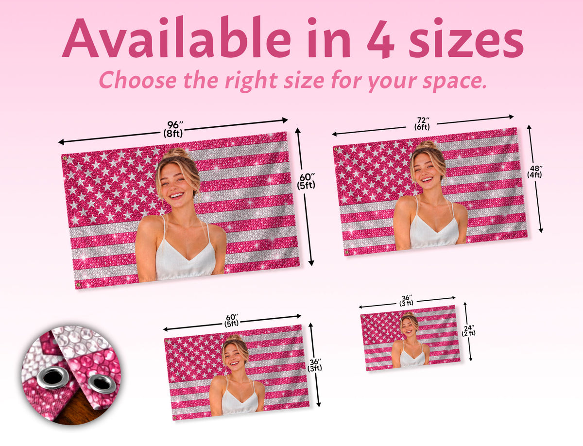 Custom Pink Rhinestone USA Flag Woman Dog Couple Friends Photo Banner Display Piece