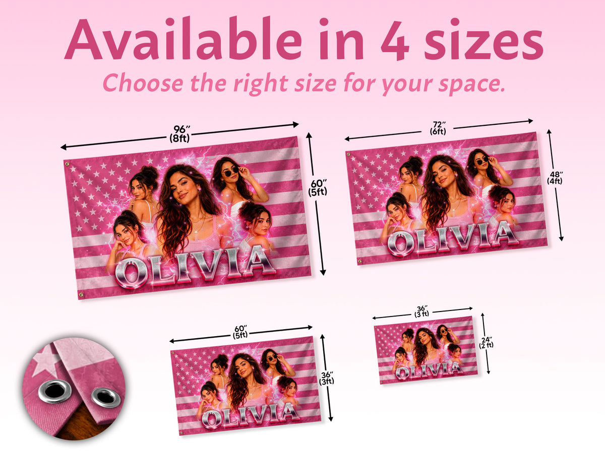 Custom Photo American Flag Personalized Pink Lightning Name USA Picture Flag Gift