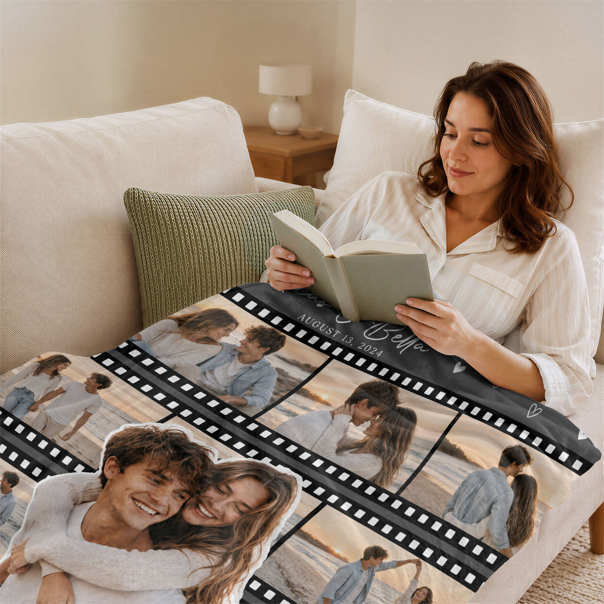 Custom Couple Film Strip Photo Collage Fleece Blanket Names Date Soft Warm Throw Piece