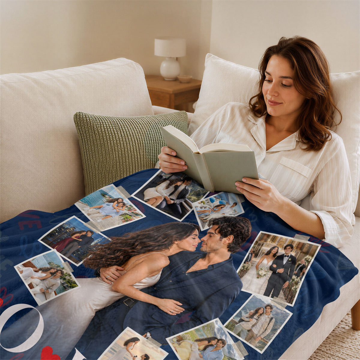Custom Romantic Photo Collage Couple Fleece Blanket Names Text Throw Tapestry Item